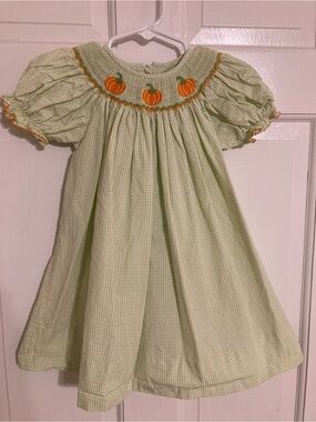 Petit Bebe Light Green Gingham Smocked Pumpkin Dress